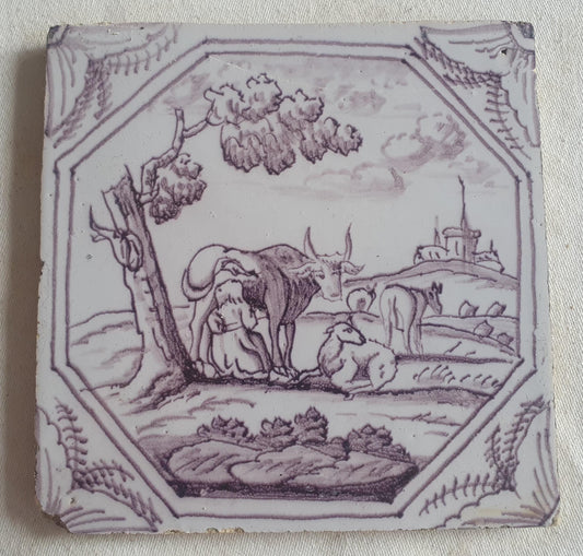 Delft tile, woman milking a cow ,18th century (c. 1760) Dutchmanganese tile . ( Animal tile )