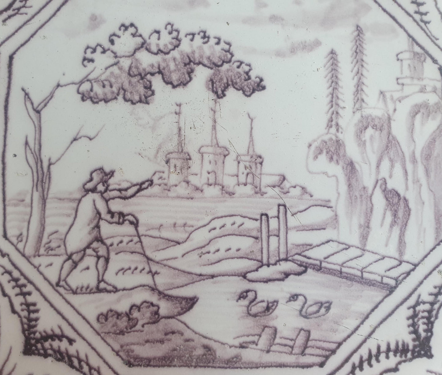 Delft tile, landscape 18th century (c. 1760) Dutch manganese tile . ( Landscape tile )