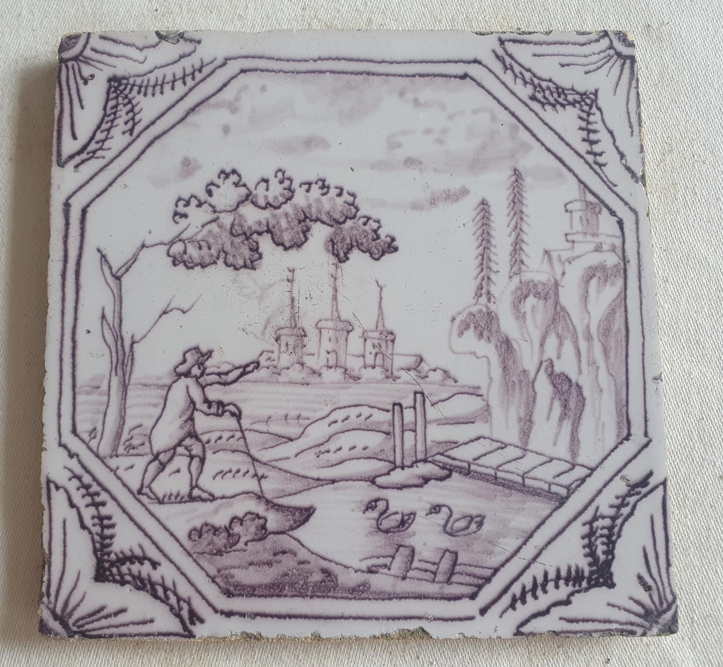 Delft tile, landscape 18th century (c. 1760) Dutch manganese tile . ( Landscape tile )