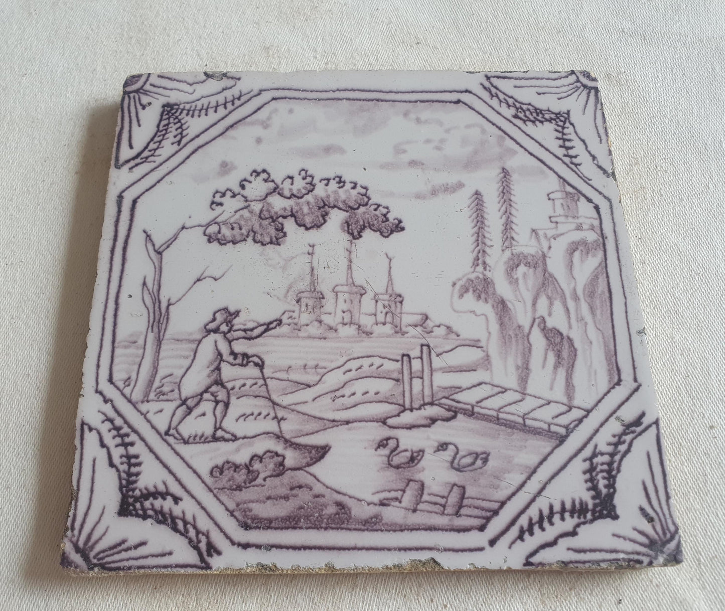 Delft tile, landscape 18th century (c. 1760) Dutch manganese tile . ( Landscape tile )
