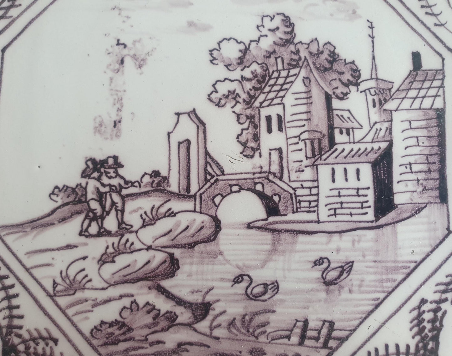 Delft tile, landscape 18th century (c. 1760) Dutch manganese tile . ( Landscape tile )