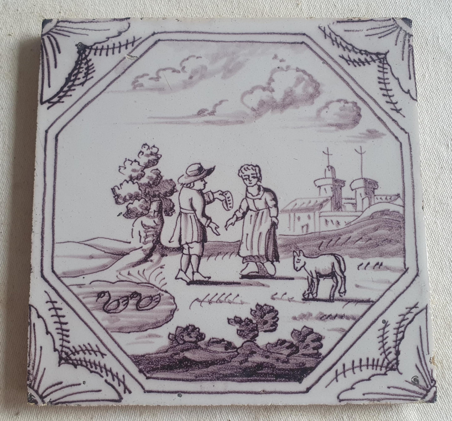Delft tile, Romantic scene 18th century (c. 1760) Dutch manganese tile . ( Landscape tile )
