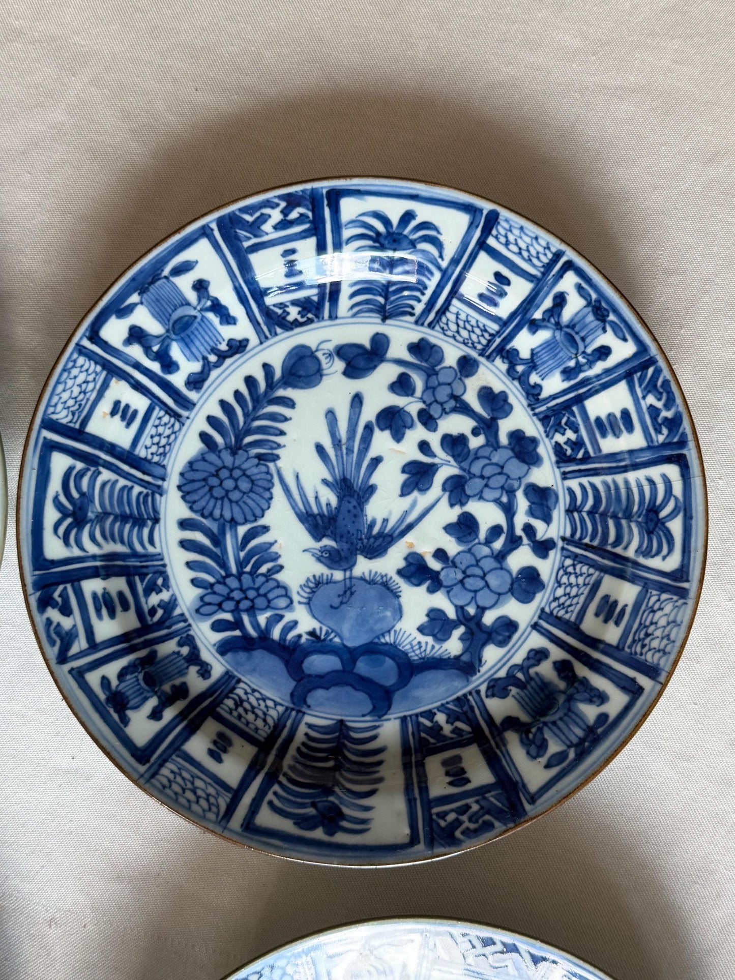 Set of Four Antique Chinese Export Blue and White Porcelain Phoenix Plates Kangxi Period