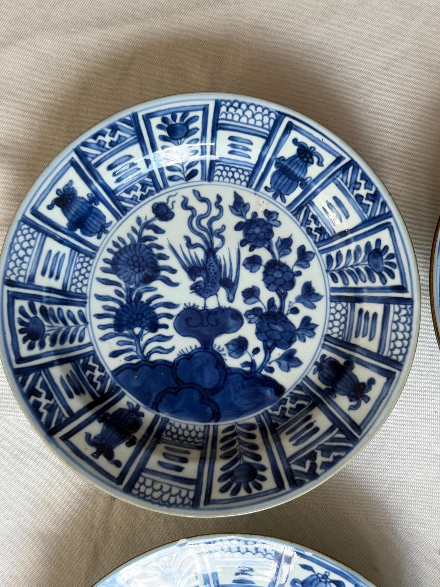 Set of Four Antique Chinese Export Blue and White Porcelain Phoenix Plates Kangxi Period
