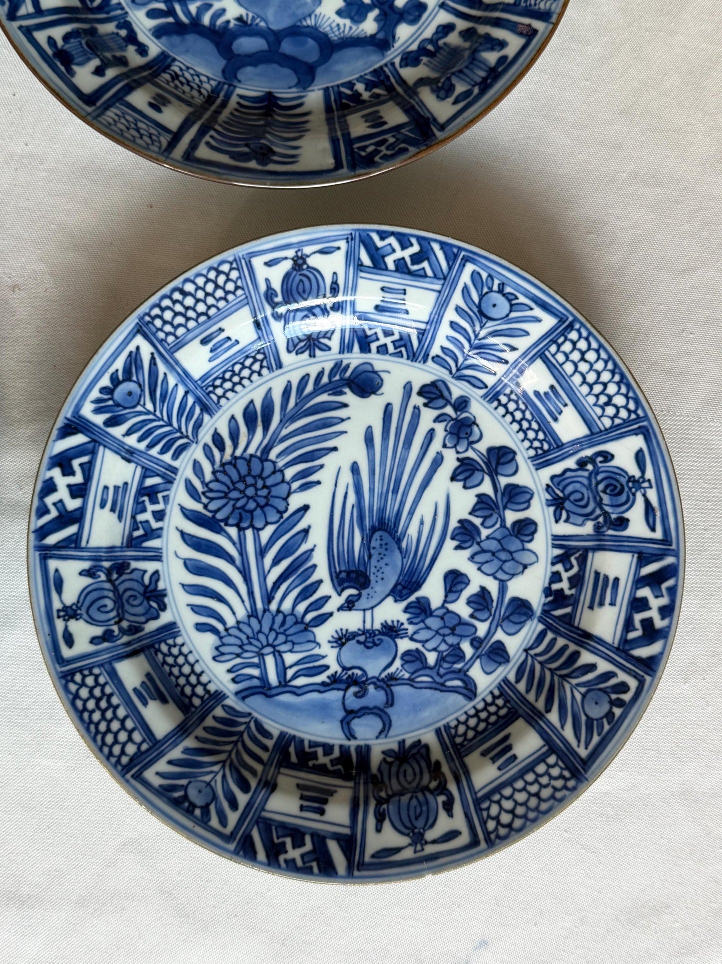 Set of Four Antique Chinese Export Blue and White Porcelain Phoenix Plates Kangxi Period
