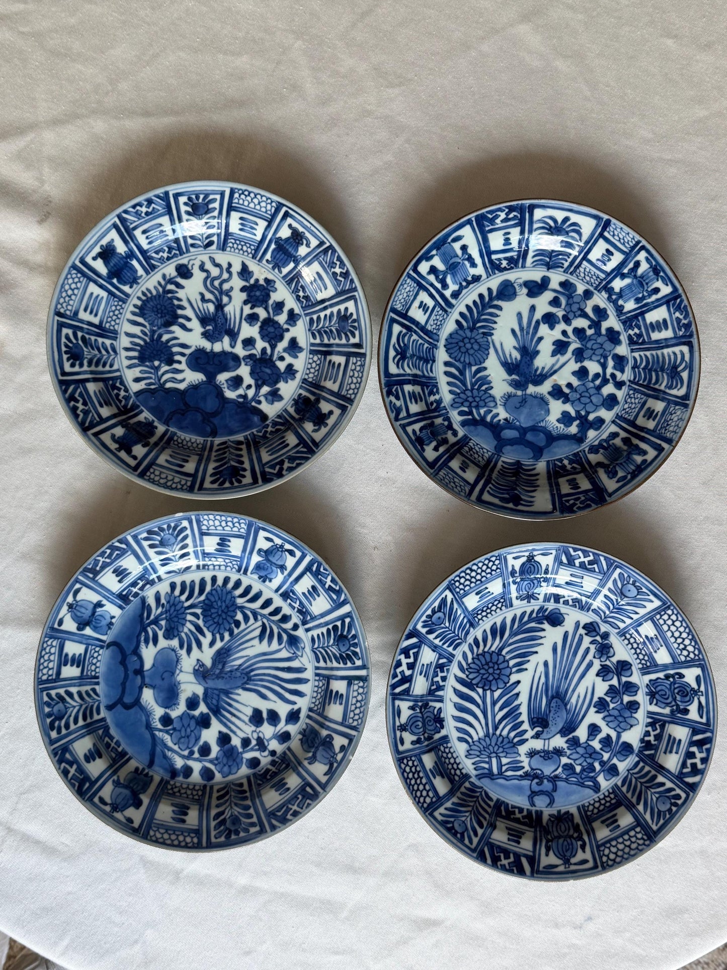 Set of Four Antique Chinese Export Blue and White Porcelain Phoenix Plates Kangxi Period