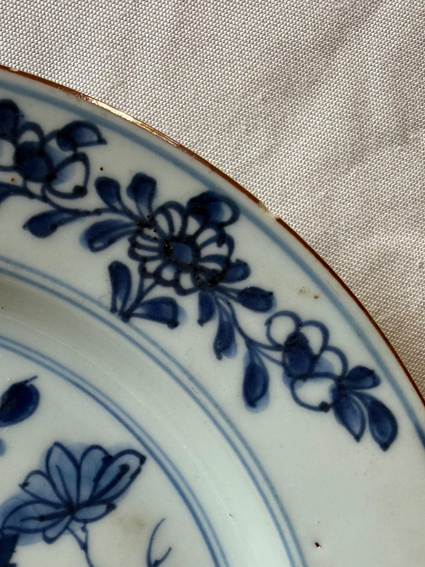 Set of Three Antique Chinese Export Blue and White Porcelain Plates Kangxi Period 18th century bamboo