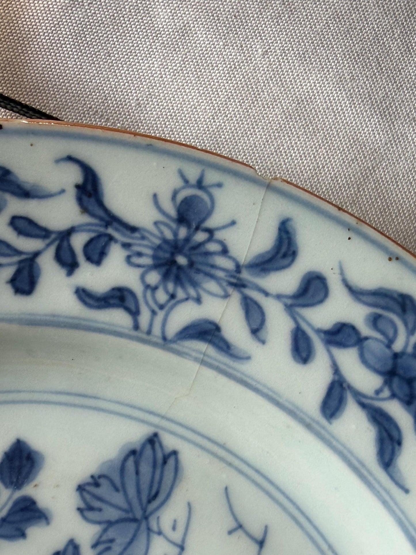 Set of Three Antique Chinese Export Blue and White Porcelain Plates Kangxi Period 18th century bamboo