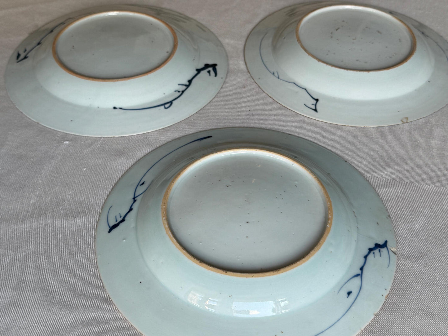 Set of Three Antique Chinese Export Blue and White Porcelain Plates Kangxi Period 18th century bamboo