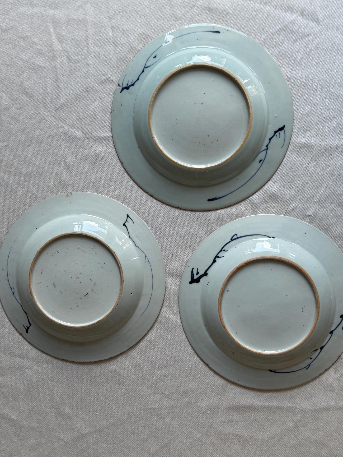 Set of Three Antique Chinese Export Blue and White Porcelain Plates Kangxi Period 18th century bamboo