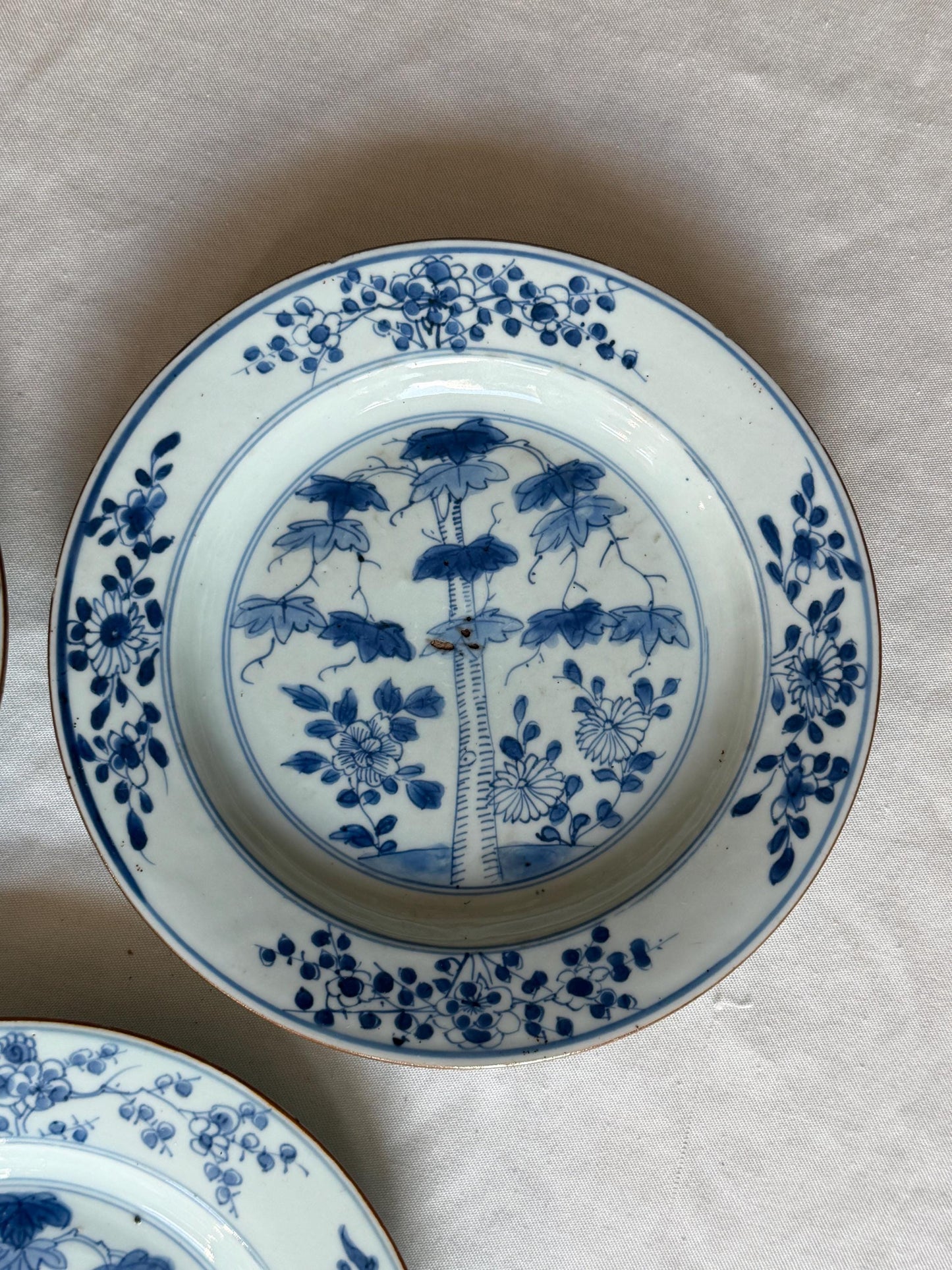Set of Three Antique Chinese Export Blue and White Porcelain Plates Kangxi Period 18th century bamboo