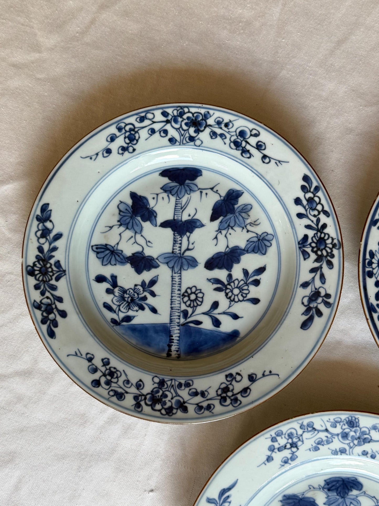 Set of Three Antique Chinese Export Blue and White Porcelain Plates Kangxi Period 18th century bamboo
