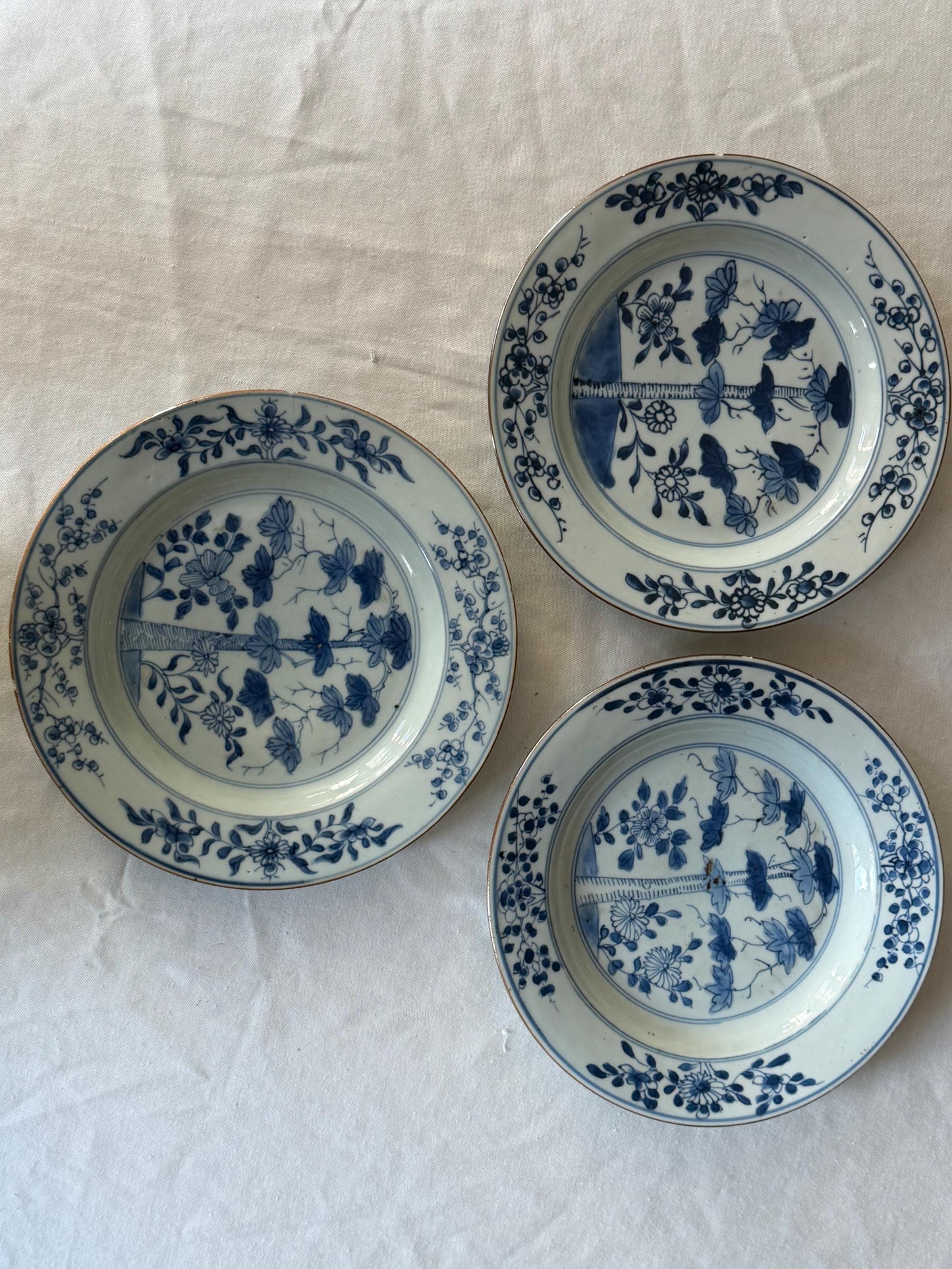 Set of Three Antique Chinese Export Blue and White Porcelain Plates Kangxi Period 18th century bamboo