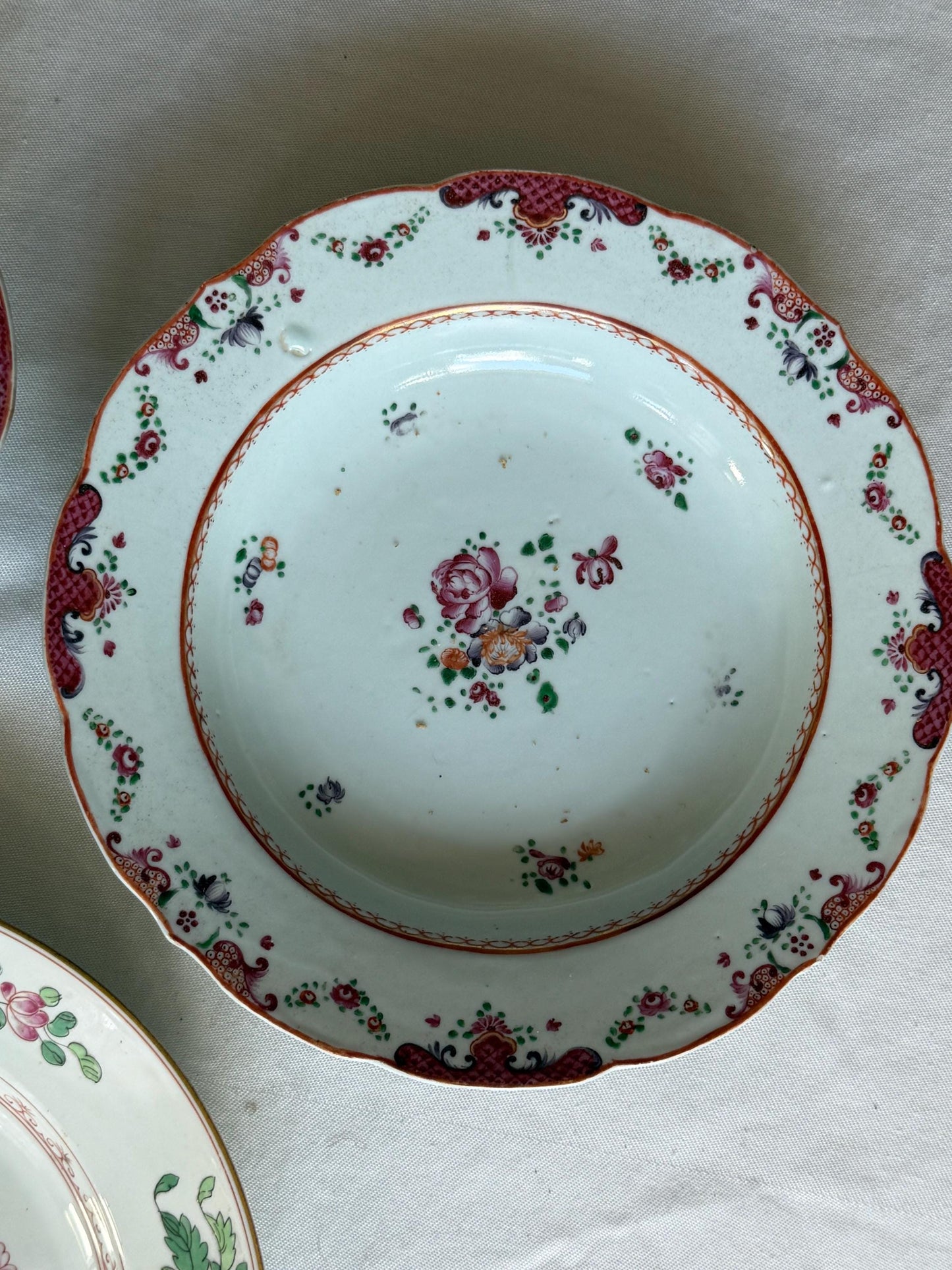 Set of Three Antique Chinese Export Famille Rose Porcelain Soup Plates Qianlong asian antiques 18th