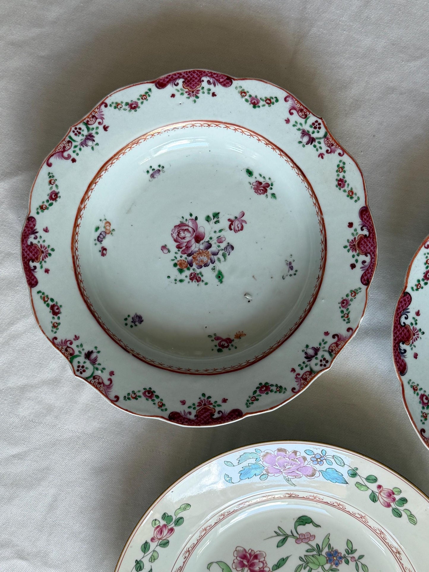 Set of Three Antique Chinese Export Famille Rose Porcelain Soup Plates Qianlong asian antiques 18th