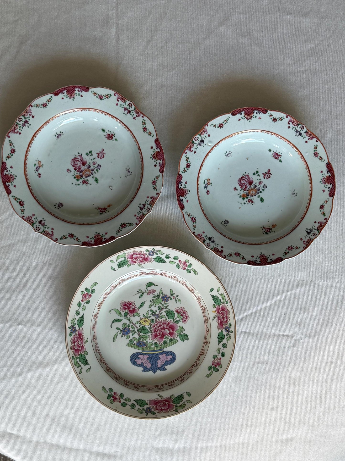Set of Three Antique Chinese Export Famille Rose Porcelain Soup Plates Qianlong asian antiques 18th