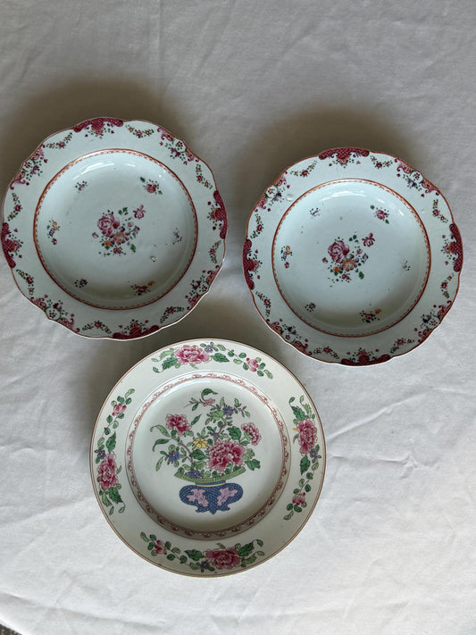 Set of Three Antique Chinese Export Famille Rose Porcelain Soup Plates Qianlong asian antiques 18th