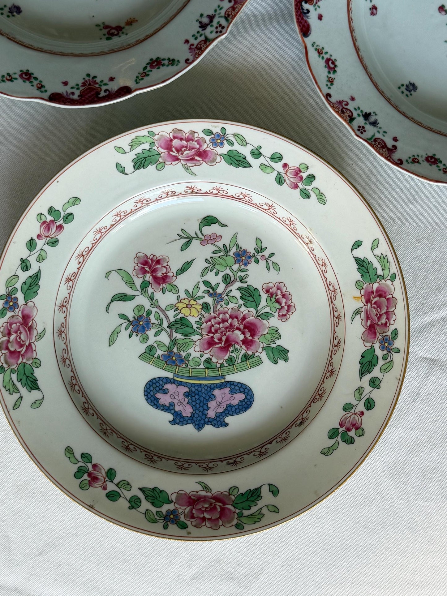 Set of Three Antique Chinese Export Famille Rose Porcelain Soup Plates Qianlong asian antiques 18th