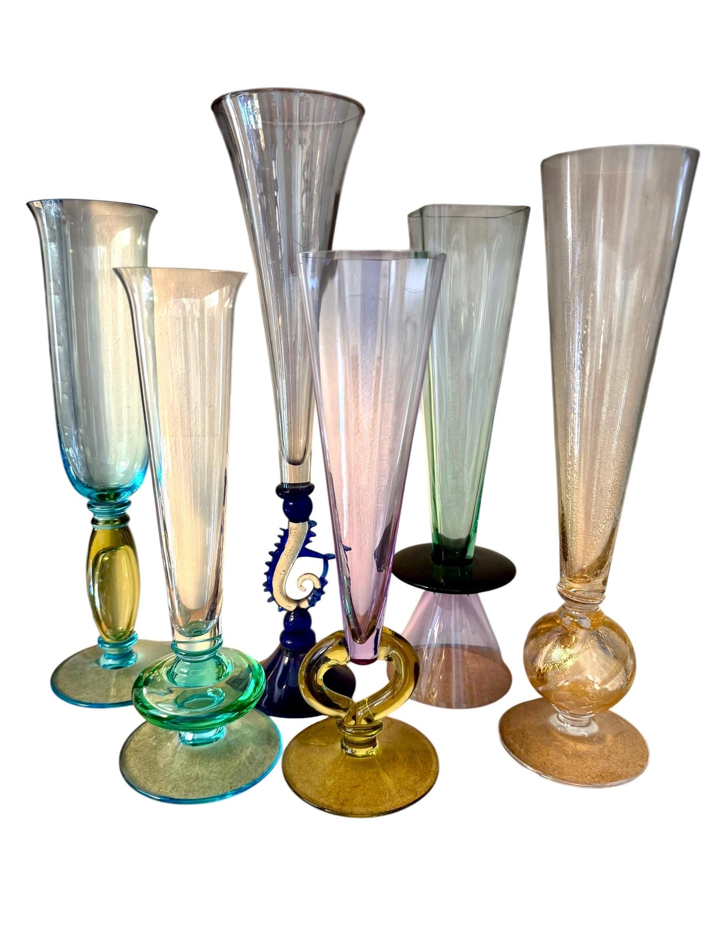 Set of 6 Carlo Moretti Murano Champagne Flutes, Signed Collectible Stem Glass exclusive designer luxury tableware