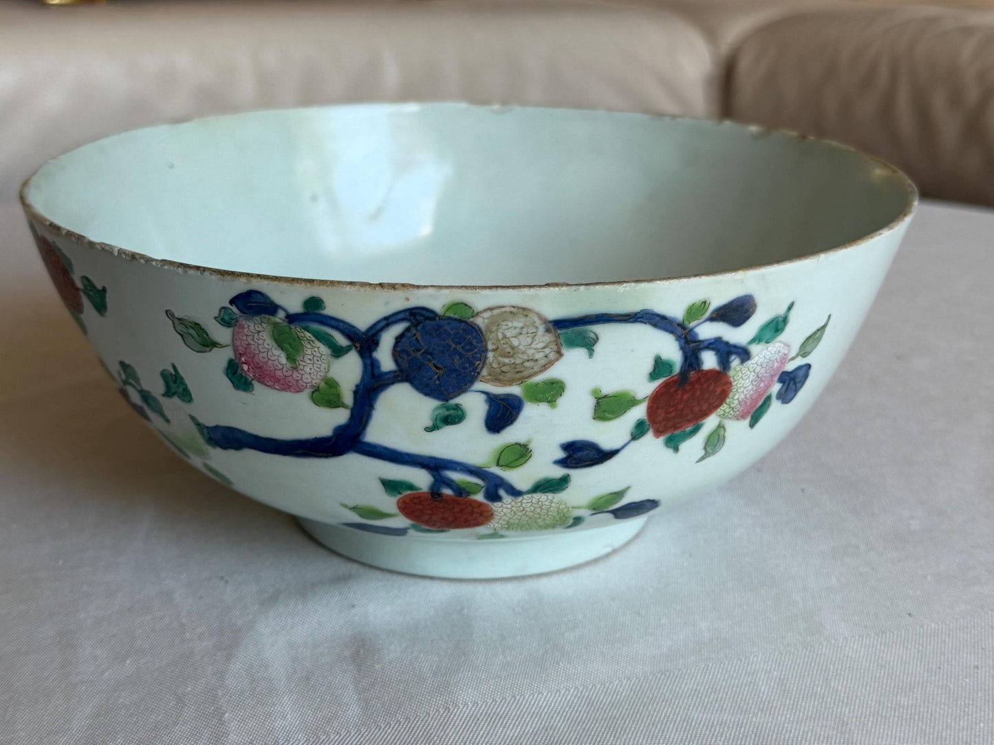 Large 19th Century Chinese Fencai Porcelain Bowl with Peaches, Pomegranates and Finger Citrons