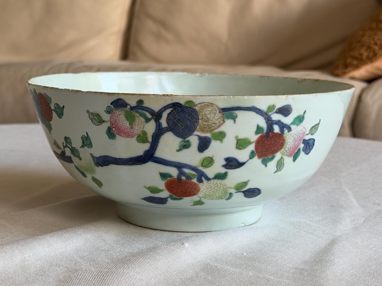 Large 19th Century Chinese Fencai Porcelain Bowl with Peaches, Pomegranates and Finger Citrons