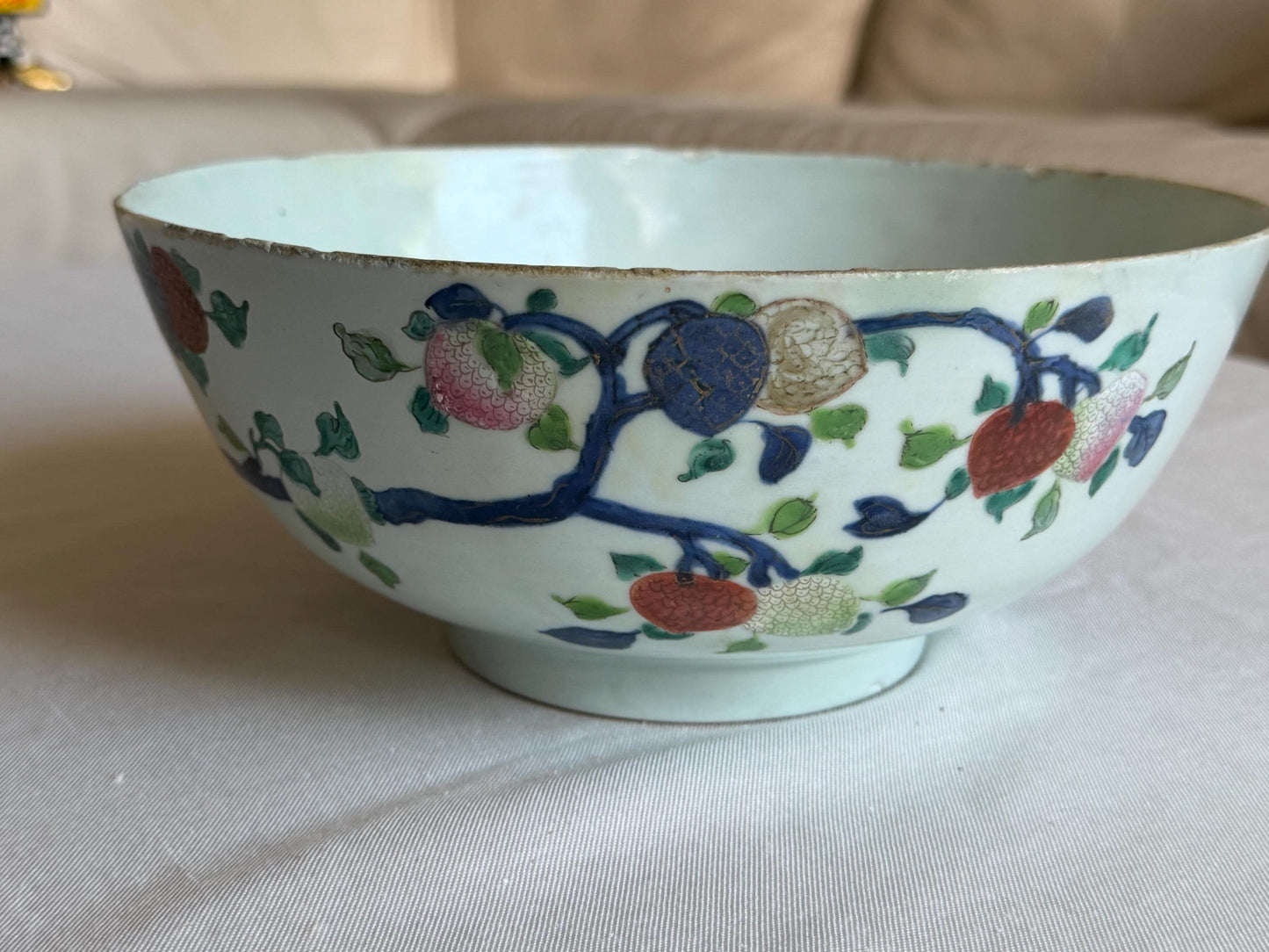 Large 19th Century Chinese Fencai Porcelain Bowl with Peaches, Pomegranates and Finger Citrons