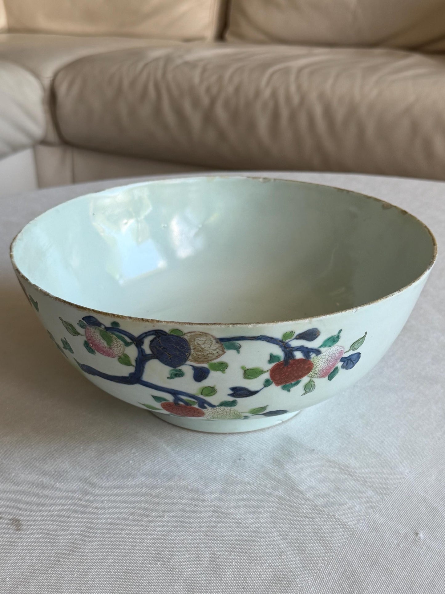 Large 19th Century Chinese Fencai Porcelain Bowl with Peaches, Pomegranates and Finger Citrons