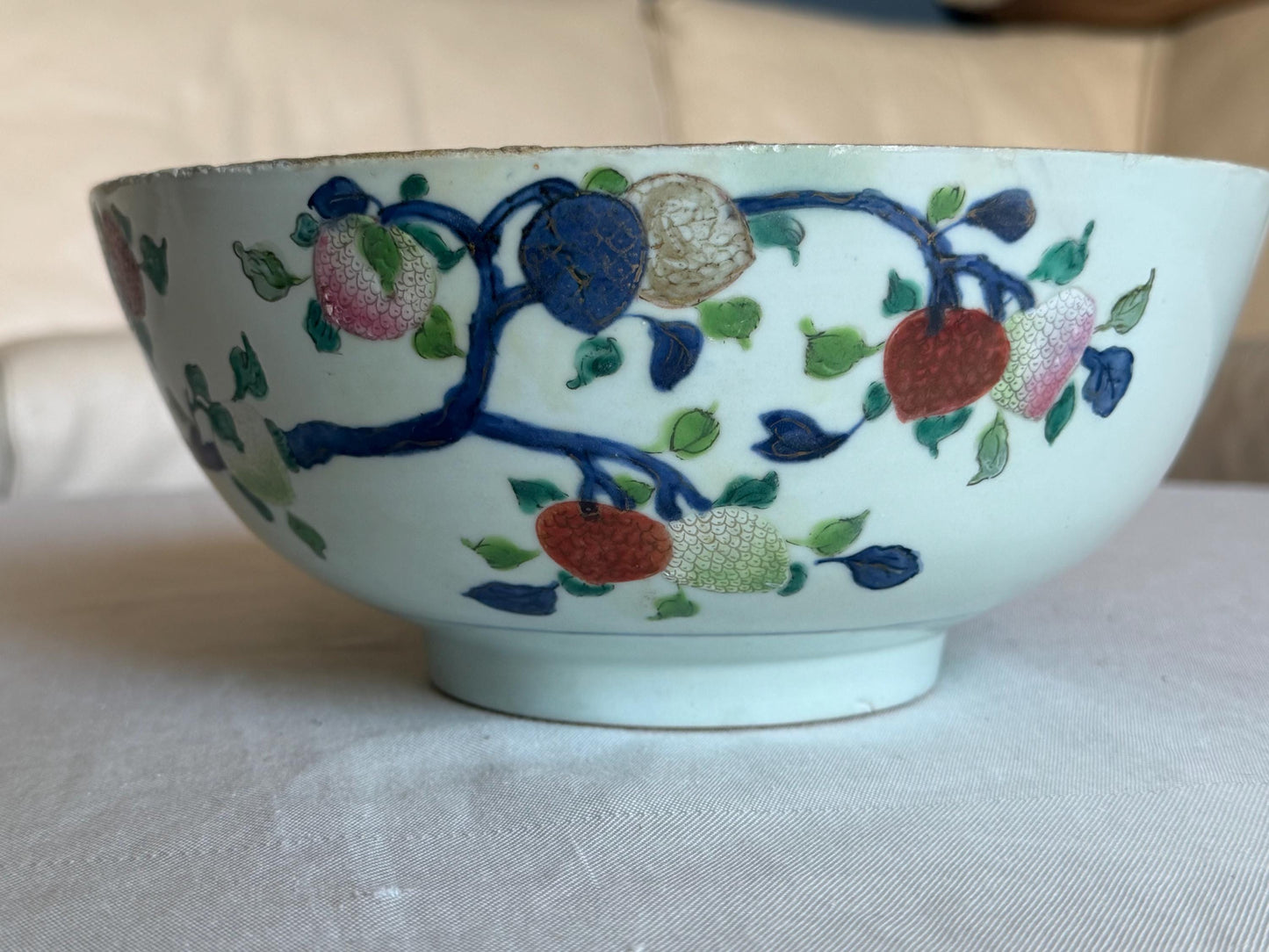 Large 19th Century Chinese Fencai Porcelain Bowl with Peaches, Pomegranates and Finger Citrons