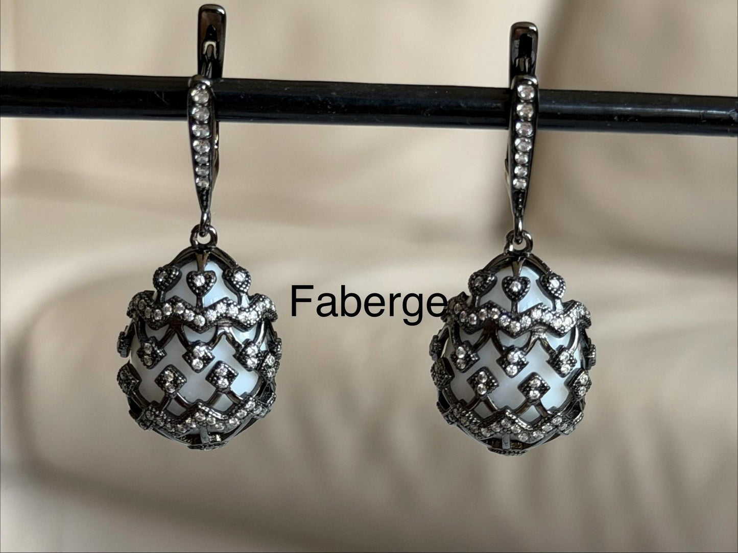 Fabergé - model Agatha - Egg pendant Sterling Silver Earrings, Tatiana Tsars Collection, Blackened Silver, White Agate & Zircon, 925