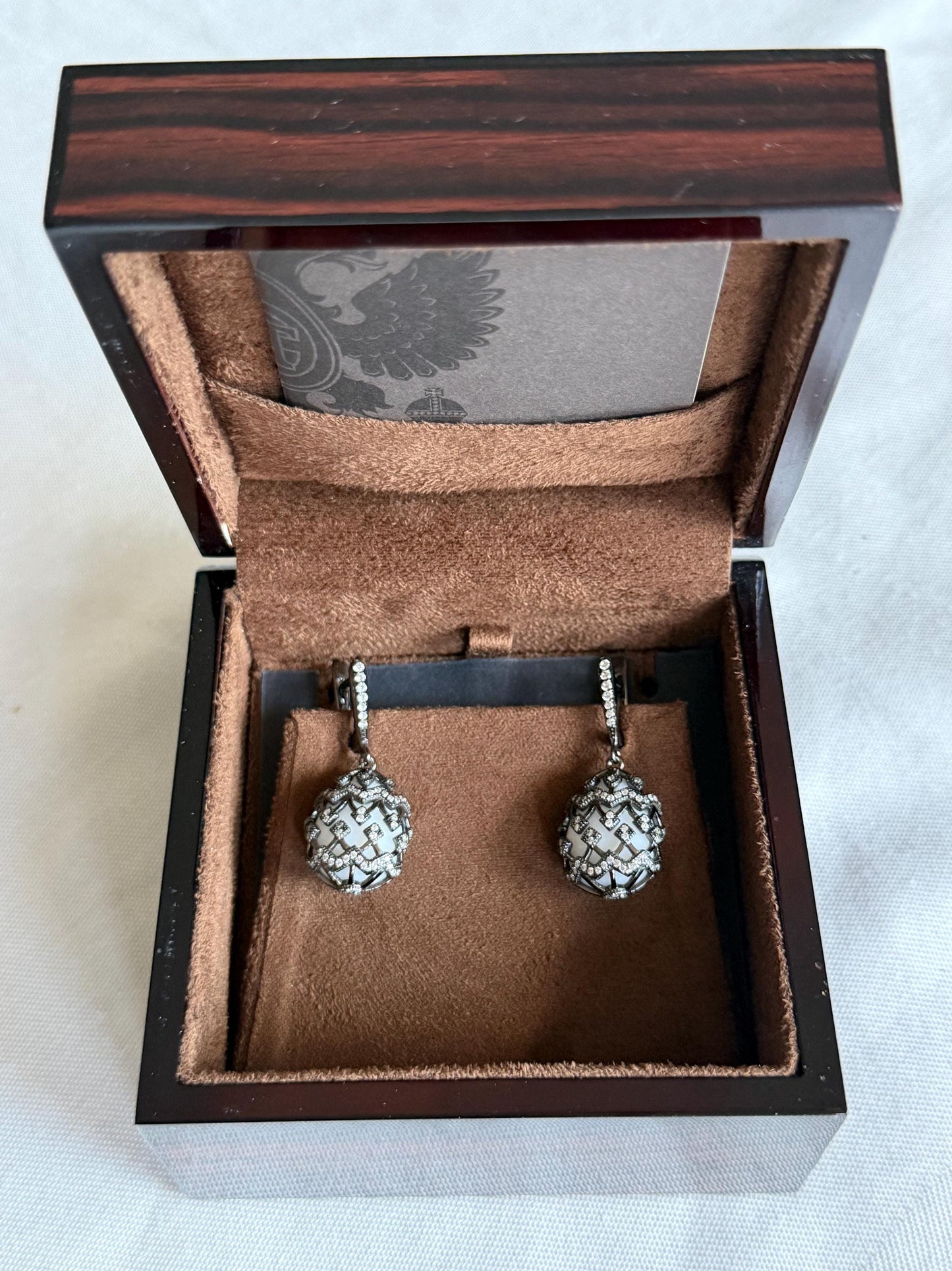 Fabergé - model Agatha - Egg pendant Sterling Silver Earrings, Tatiana Tsars Collection, Blackened Silver, White Agate & Zircon, 925
