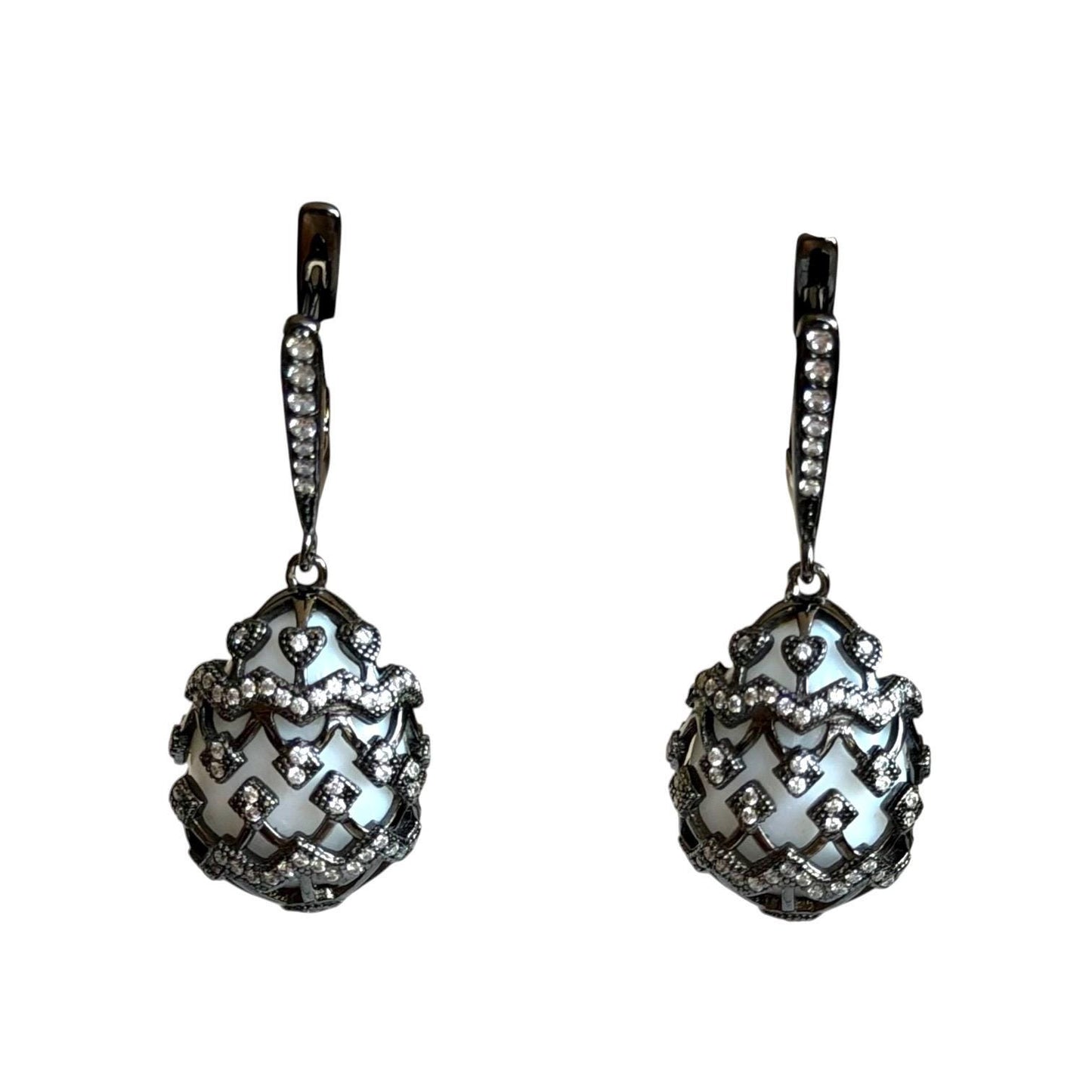 Fabergé - model Agatha - Egg pendant Sterling Silver Earrings, Tatiana Tsars Collection, Blackened Silver, White Agate & Zircon, 925