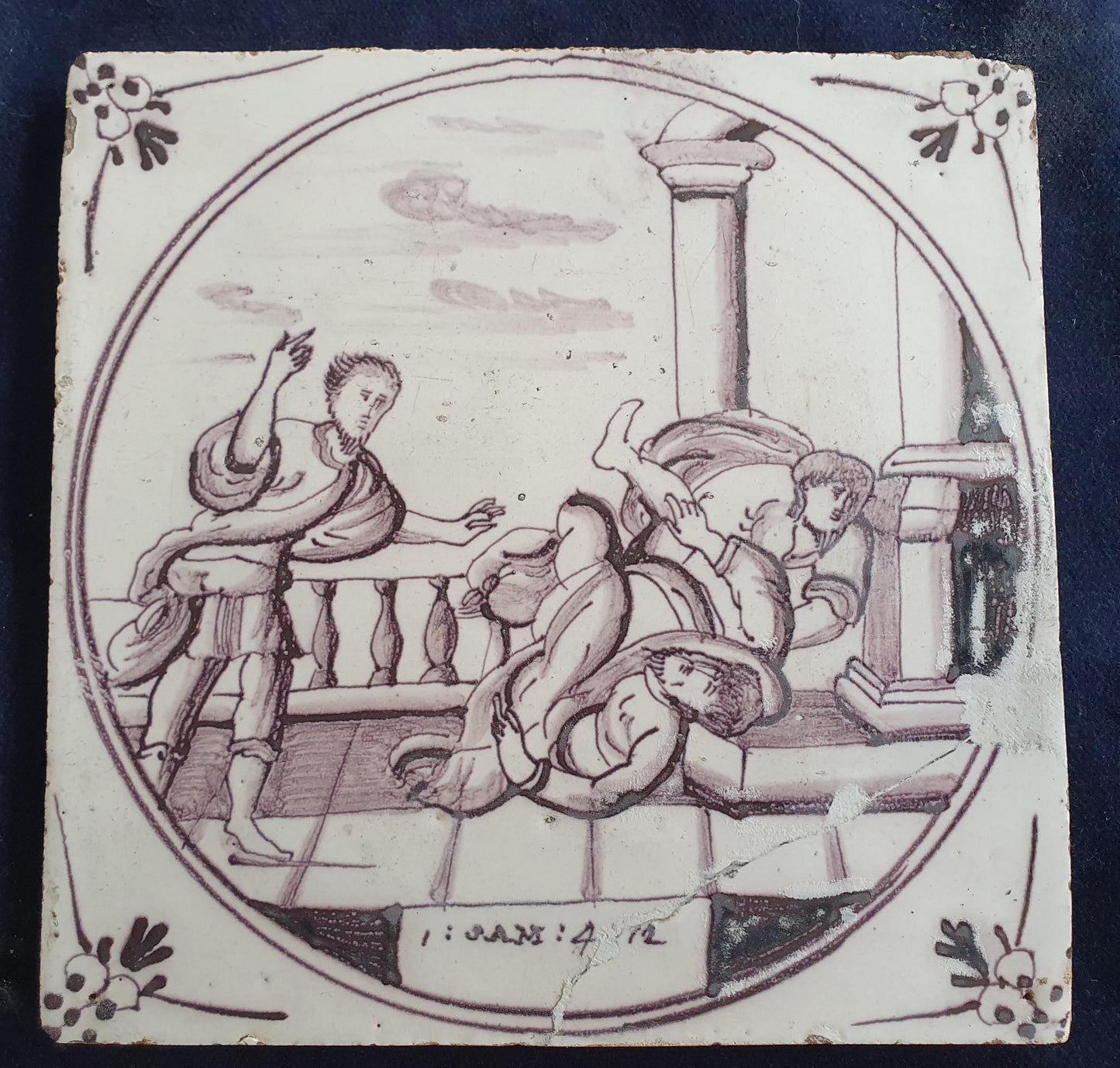Delft tile, Dutch manganese biblical scene bible tile, 18th century,  1 Samuel 4 - Old Testament                   Delft tile bibel.