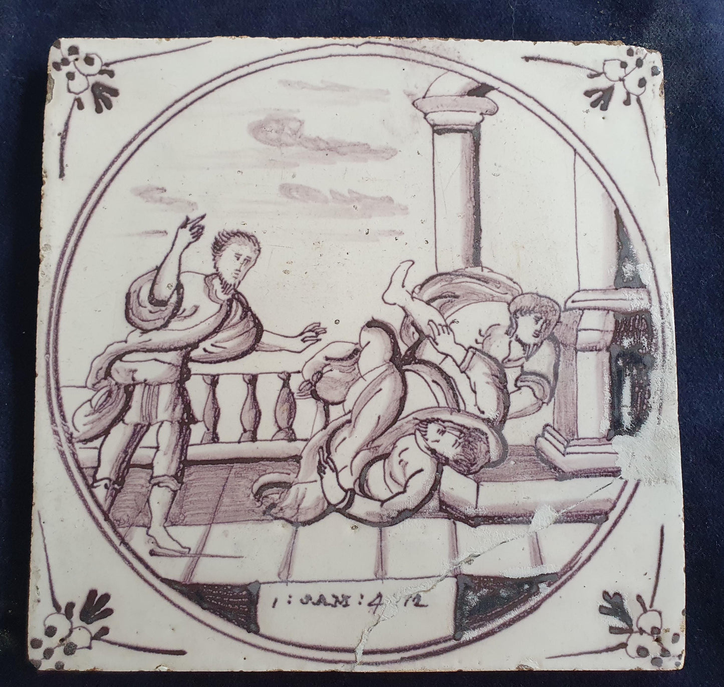 Delft tile, Dutch manganese biblical scene bible tile, 18th century,  1 Samuel 4 - Old Testament                   Delft tile bibel.