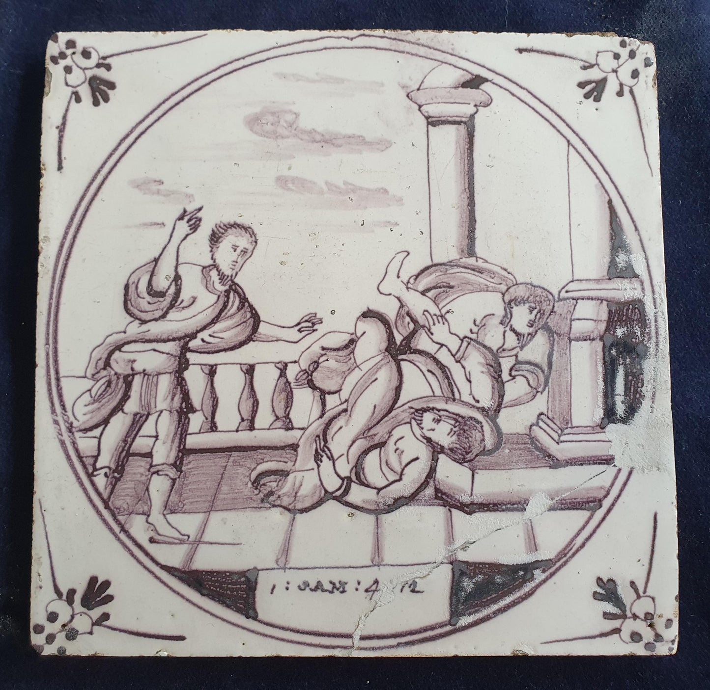 Delft tile, Dutch manganese biblical scene bible tile, 18th century,  1 Samuel 4 - Old Testament                   Delft tile bibel.