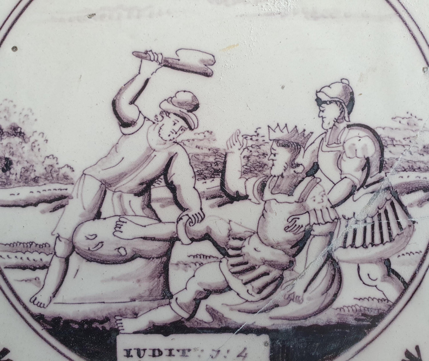Delft tile, Dutch manganese biblical scene bible tile, 18th century, Judit j :4               Delft tile bibel.