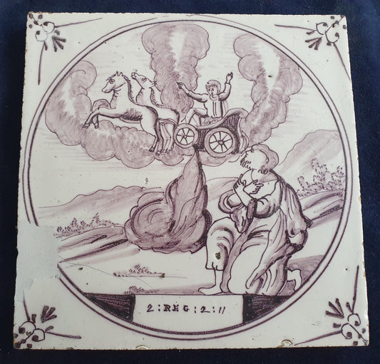 Delft tile, Dutch manganese biblical scene bible tile, 18th century,   Ascension of the Prophet Elijah        Delft tile bibel.