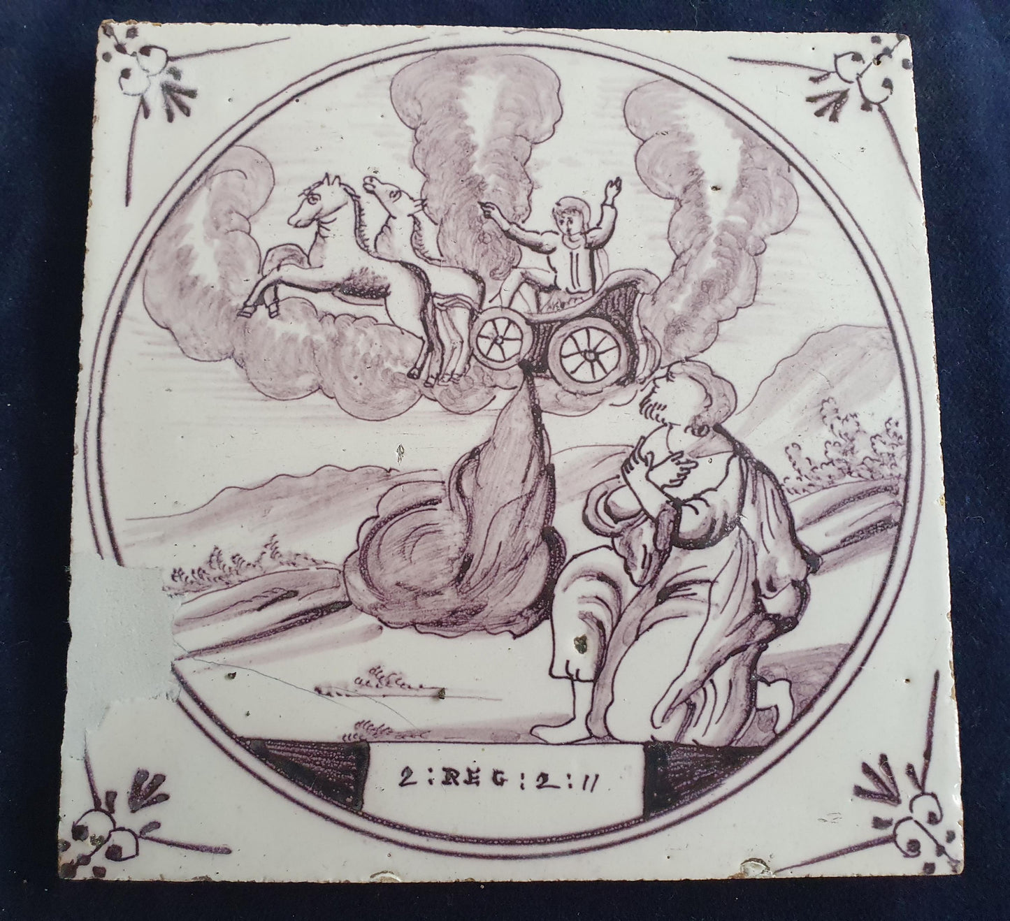 Delft tile, Dutch manganese biblical scene bible tile, 18th century,   Ascension of the Prophet Elijah        Delft tile bibel.