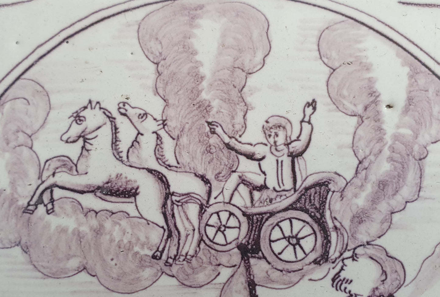 Delft tile, Dutch manganese biblical scene bible tile, 18th century,   Ascension of the Prophet Elijah        Delft tile bibel.
