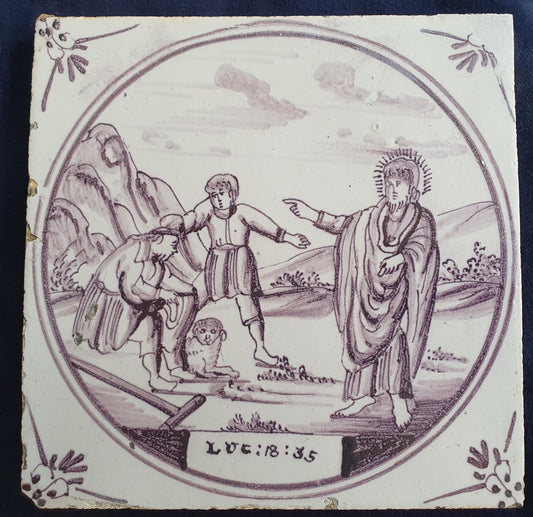 Delft tile, Dutch manganese biblical scene bible tile, 18th century,     Healing of the blind man near Jericho       Delft tile bibel.