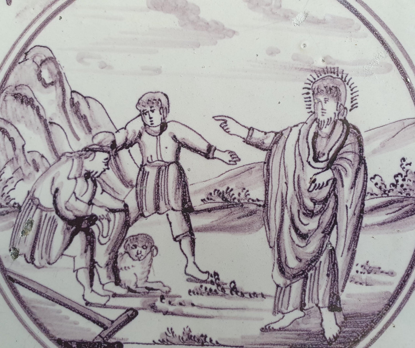 Delft tile, Dutch manganese biblical scene bible tile, 18th century,     Healing of the blind man near Jericho       Delft tile bibel.