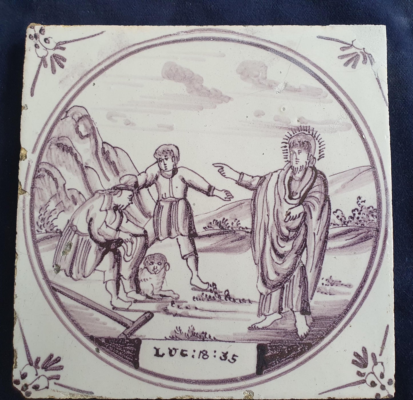 Delft tile, Dutch manganese biblical scene bible tile, 18th century,     Healing of the blind man near Jericho       Delft tile bibel.