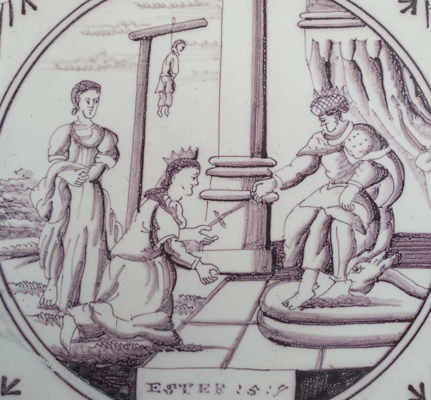 Delft tile, Dutch manganese biblical scene bible tile, 18th century,   Ester 5 :4    Delft tile bibel.