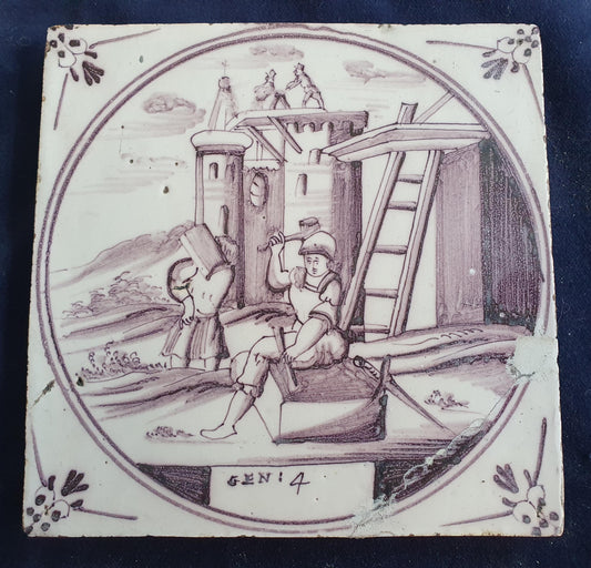 Delft tile, Dutch manganese biblical scene bible tile, 18th century,  Gen: 4    Delft tile bibel.