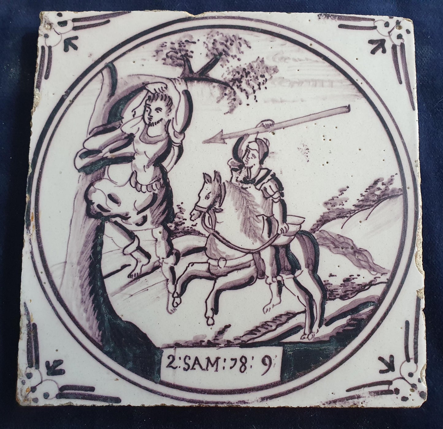 Delft tile, Dutch manganese biblical scene bible tile, 18th century,     2: Sam 18 9   Delft tile bibel.
