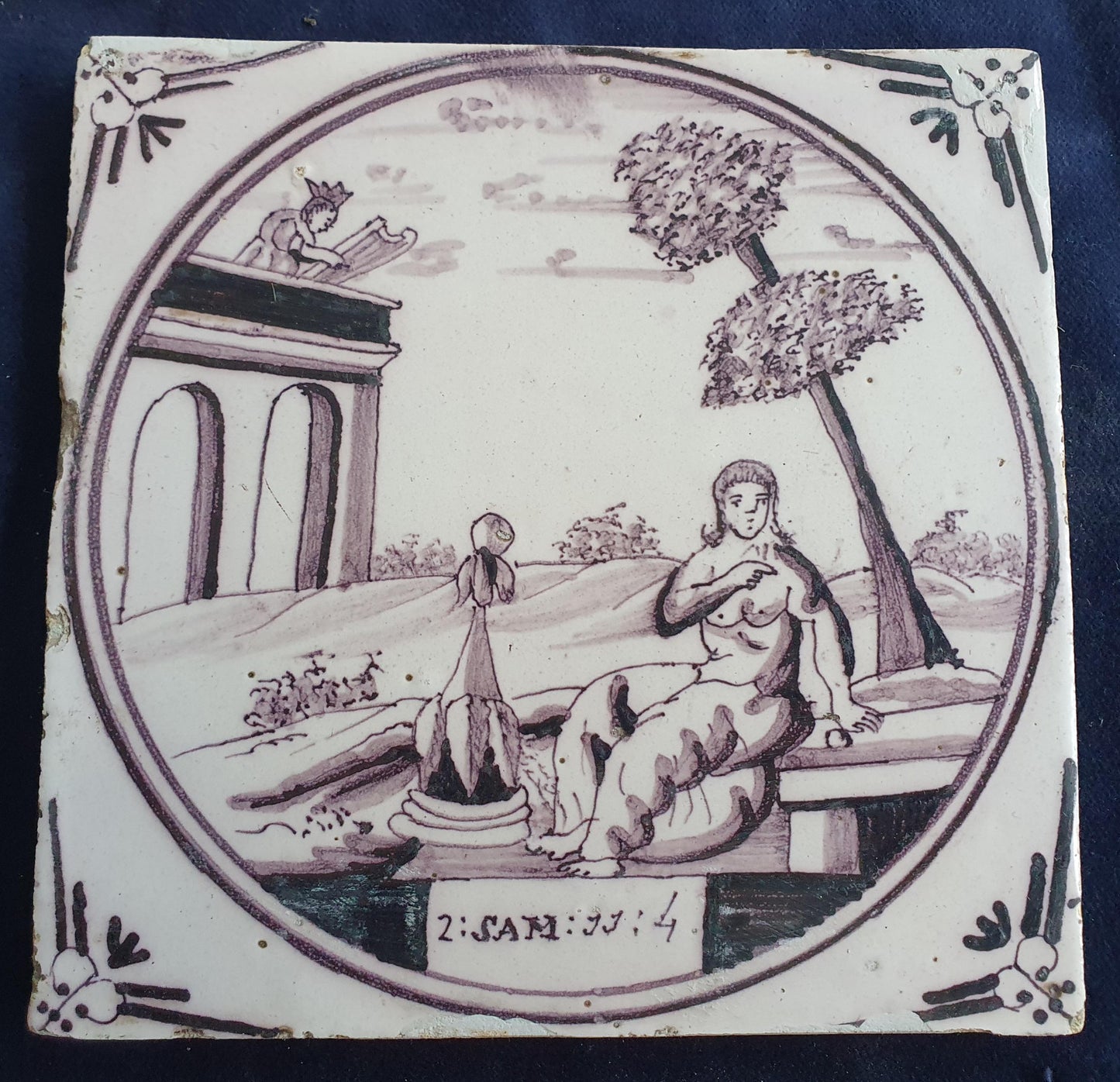 Delft tile, Dutch manganese biblical scene bible tile, 18th century,  David and Bathsheba          Delft tile bibel.