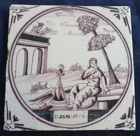 Delft tile, Dutch manganese biblical scene bible tile, 18th century,  David and Bathsheba          Delft tile bibel.