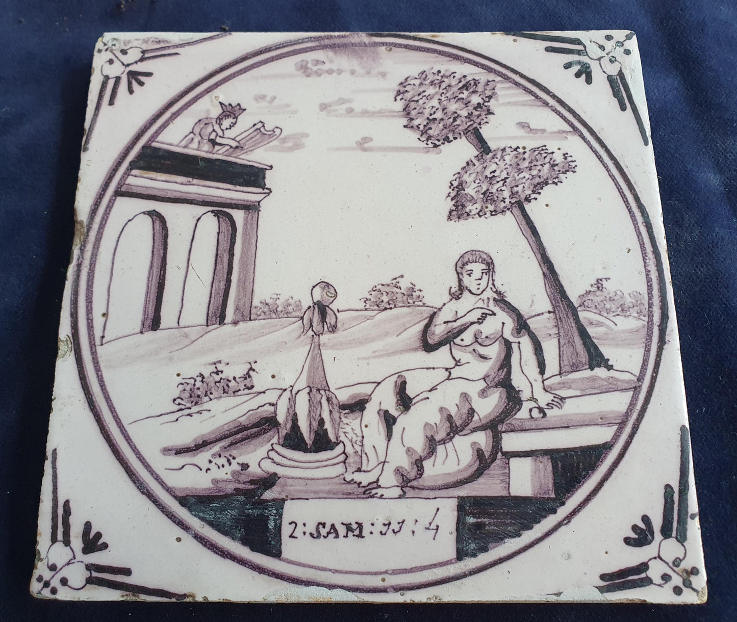 Delft tile, Dutch manganese biblical scene bible tile, 18th century,  David and Bathsheba          Delft tile bibel.