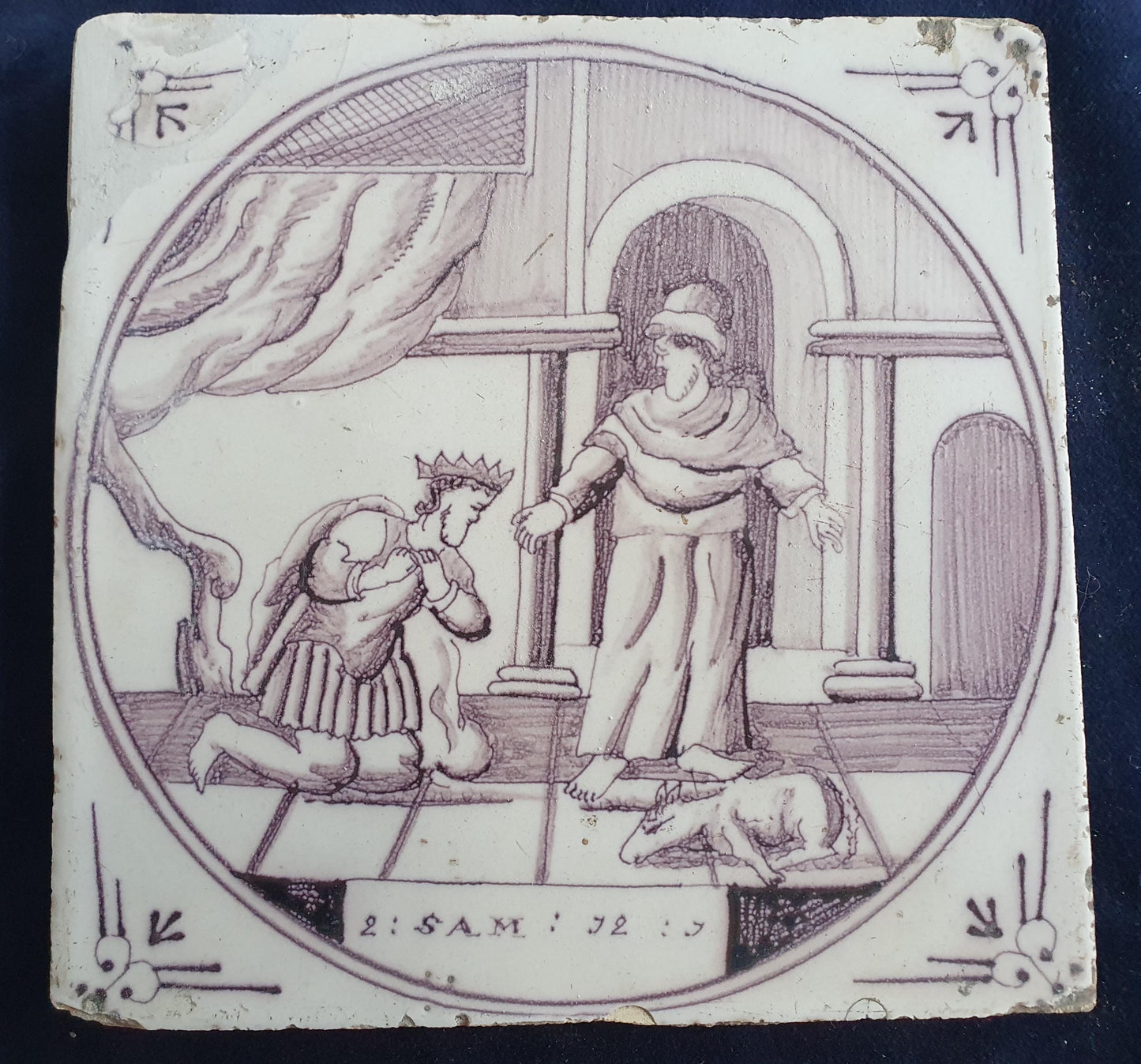 Delft tile, Dutch manganese biblical scene bible tile, 18th century,