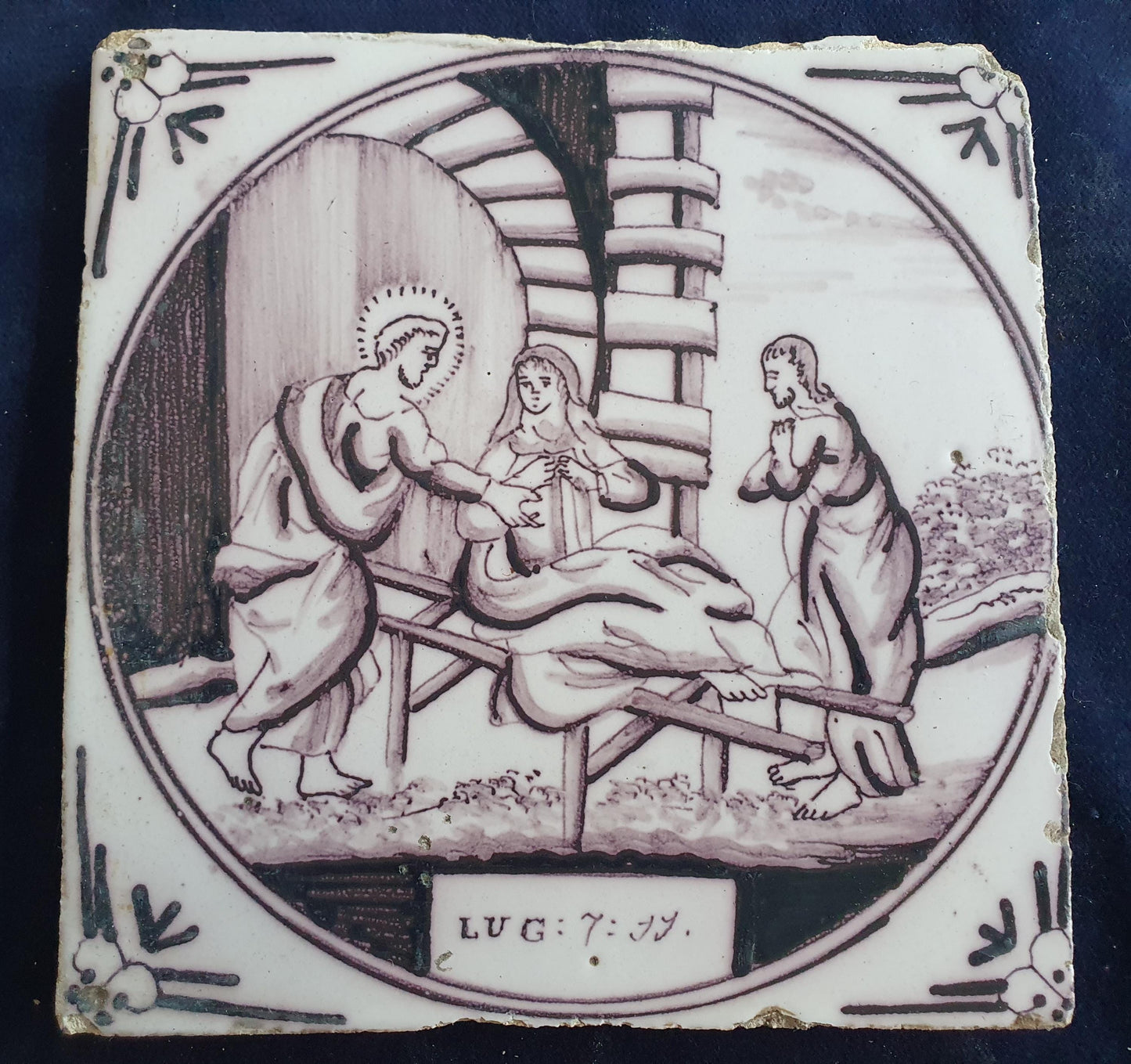 Delft tile, Dutch manganese biblical scene bible tile, 18th century,