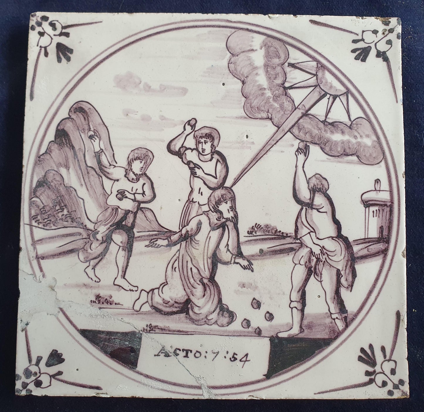 Delft tile, Dutch manganese biblical scene bible tile, 18th century, Raising of the widow's son from Nain